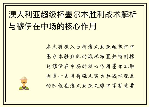 澳大利亚超级杯墨尔本胜利战术解析与穆伊在中场的核心作用